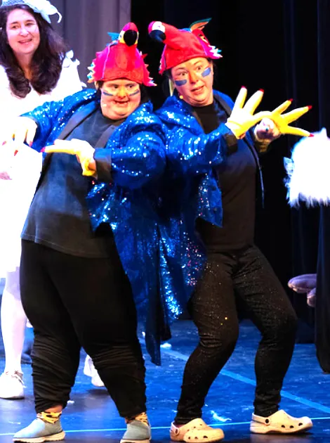 Two performers in sparkly blue bird costumes dancing on stage during The Lion King